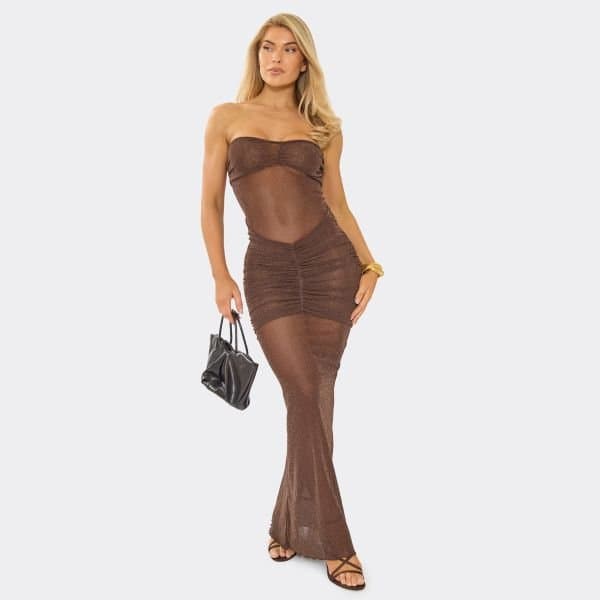 EGO Bandeau Ruched Front Detail Maxi Dress In Brown Metallic Glitter, Women's Size UK 6