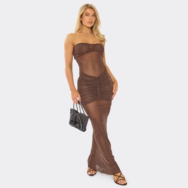 EGO Bandeau Ruched Front Detail Maxi Dress In Brown Metallic Glitter, Women's Size UK 6 - 2