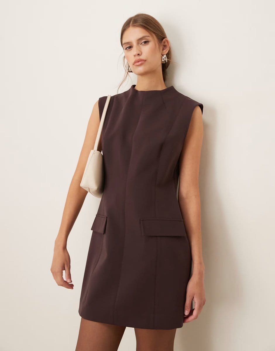ASOS Mango structured high neck sleeveless tailored mini dress in brown - 1