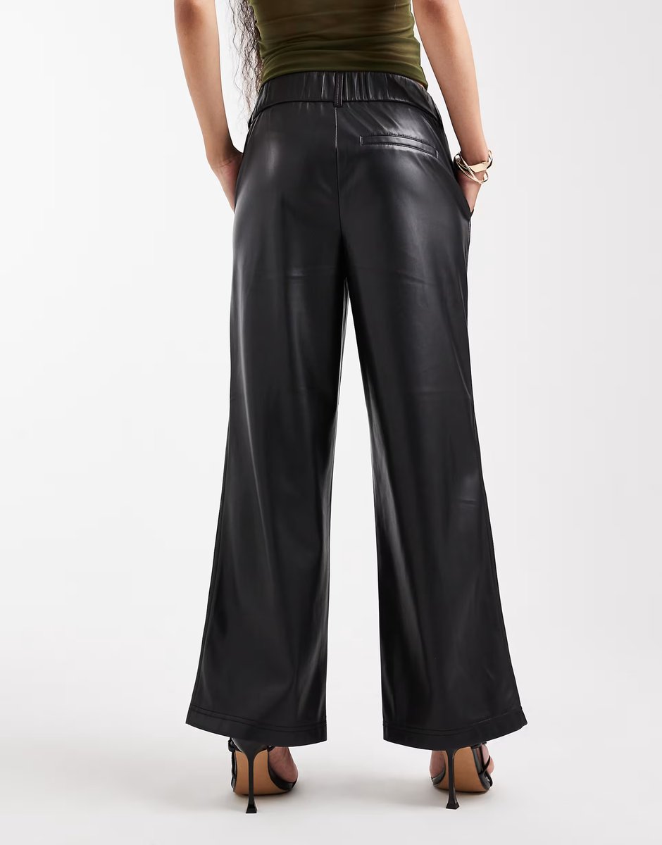 ASOS ONLY Petite wide leg faux leather trousers in black - 3