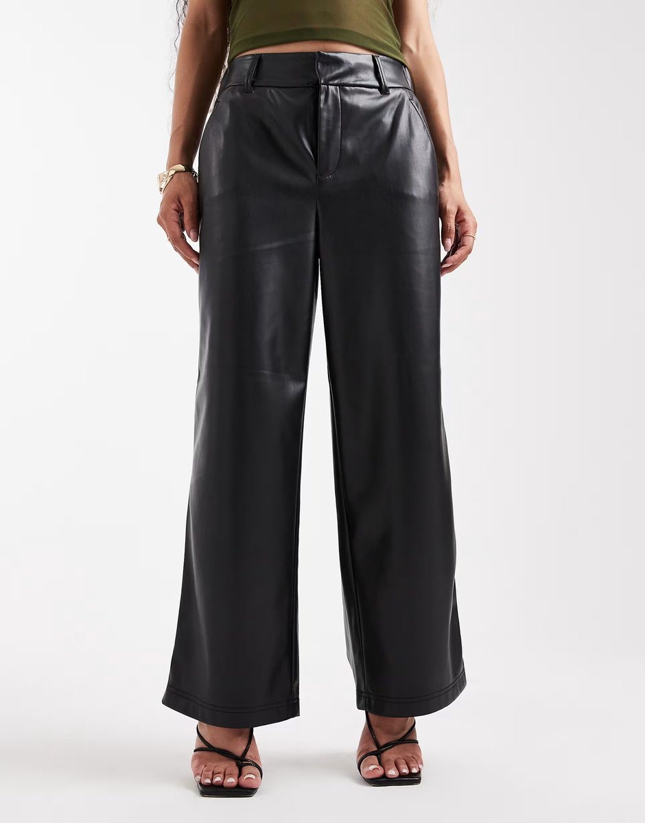 ASOS ONLY Petite wide leg faux leather trousers in black - 4