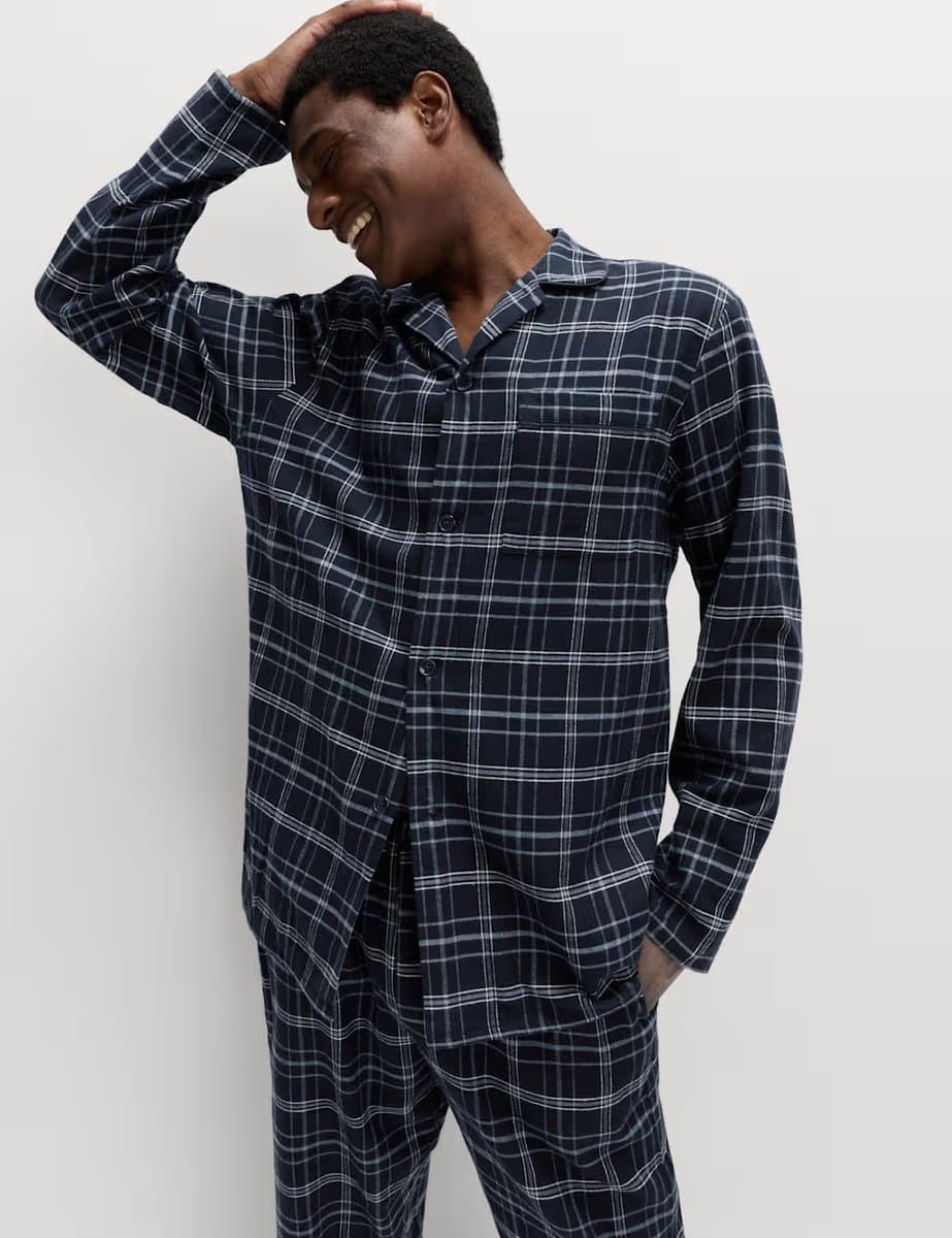 Marks & Spencer M&S Pure Brushed Cotton Checked Pyjama Set Navy