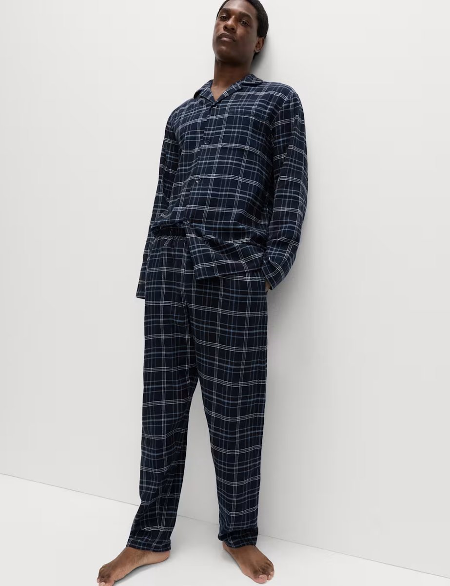 Marks & Spencer M&S Pure Brushed Cotton Checked Pyjama Set Navy - 2
