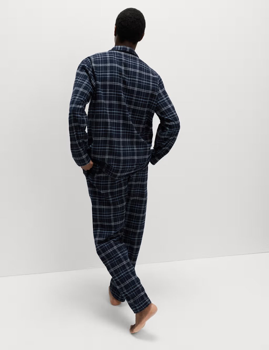 Marks & Spencer M&S Pure Brushed Cotton Checked Pyjama Set Navy - 4