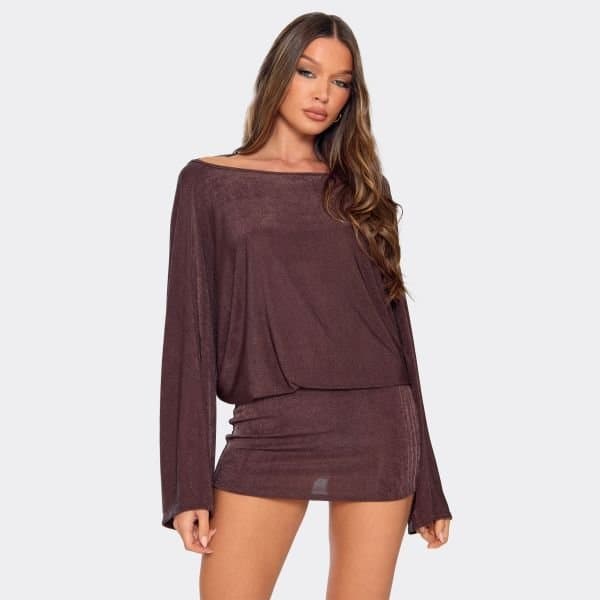 EGO Flared Sleeve Low Cut Back Detail Mini Dress In Chocolate Brown, Women's Size UK 6