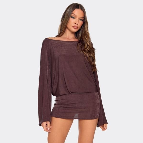 EGO Flared Sleeve Low Cut Back Detail Mini Dress In Chocolate Brown, Women's Size UK 6 - 1
