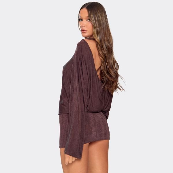 EGO Flared Sleeve Low Cut Back Detail Mini Dress In Chocolate Brown, Women's Size UK 6 - 2