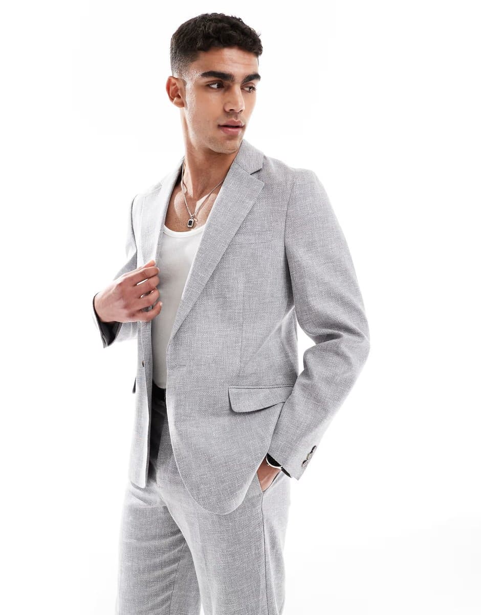 ASOS ASOS DESIGN Slim Grey Summer Suit Jacket with Linen Cotton