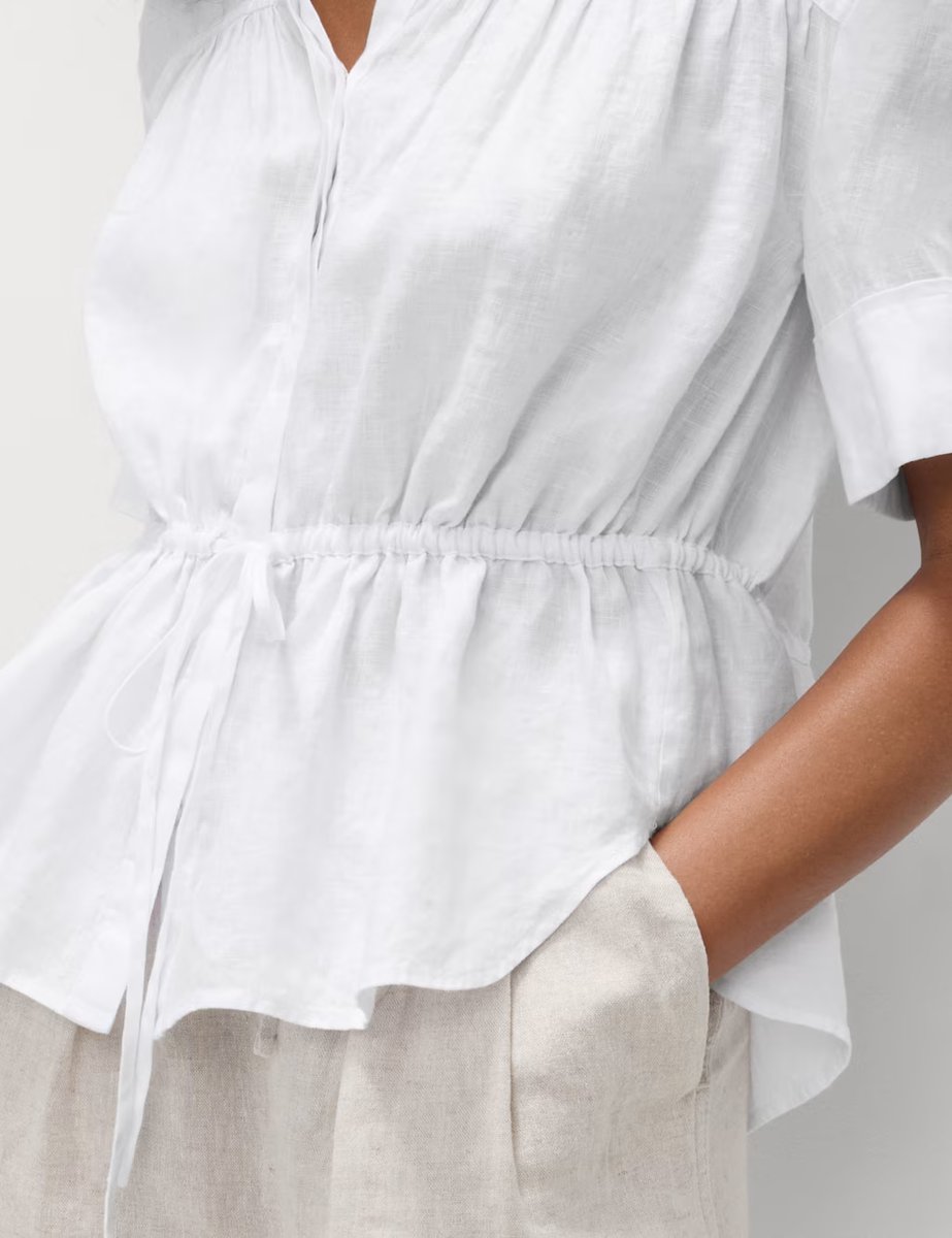 Marks & Spencer M&S Pure Linen Relaxed Drawstring Shirt White - 3