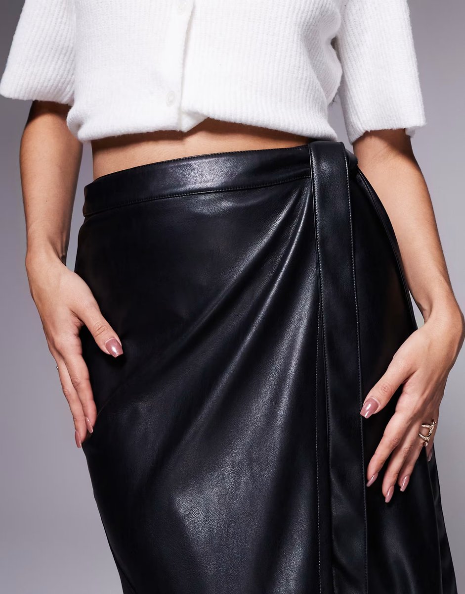 ASOS ASOS DESIGN faux leather wrap midi skirt in black - 3