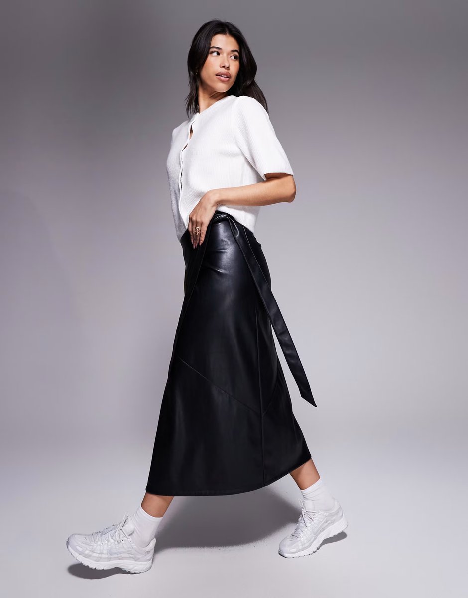 ASOS ASOS DESIGN faux leather wrap midi skirt in black - 4