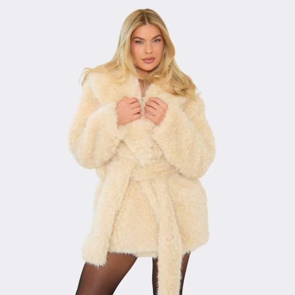 EGO Collar Tie Waist Detail Coat In Stone Faux Fur Textured, Women's Size UK Large L - 1