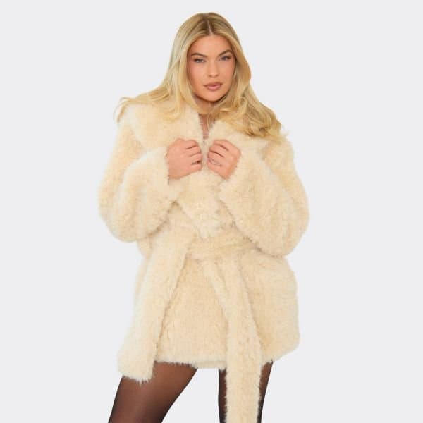 EGO Collar Tie Waist Detail Coat In Stone Faux Fur Textured, Women's Size UK Large L