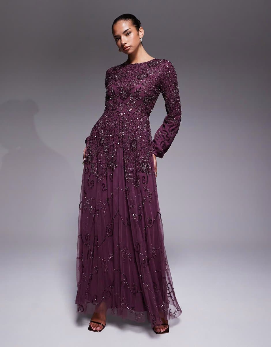ASOS Beauut fully embellished beaded mesh overlay balloon sleeve maxi dress in plum