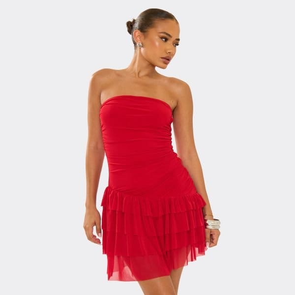 EGO Bandeau Ruffle Detail Mini Dress In Red, Women's Size UK Large L - 1