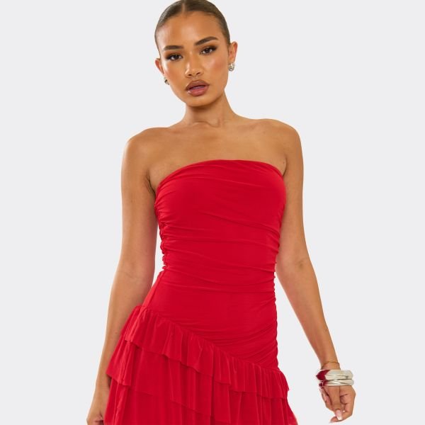 EGO Bandeau Ruffle Detail Mini Dress In Red, Women's Size UK Large L - 2