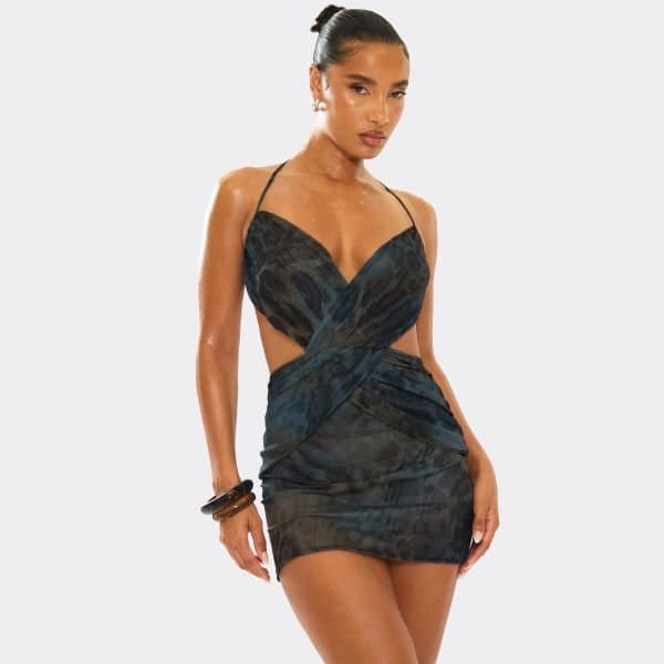 EGO Halterneck Cross Over Detail Cut Out Mini Dress In Blue Animal Print, Women's Size UK 6