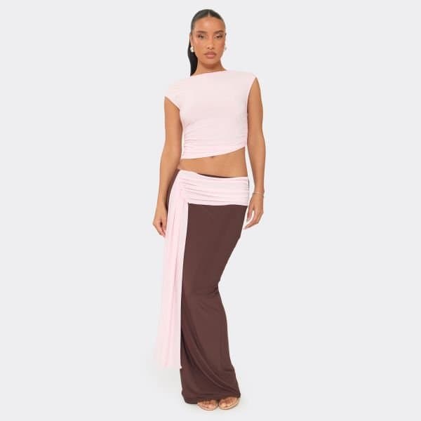 EGO Low Rise Contrast Pink Drape Maxi Skirt In Chocolate Brown, Women's Size UK 6