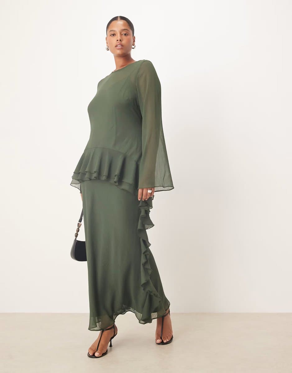 ASOS ASOS DESIGN Curve long sleeve frill hem chiffon maxi dress in dark green
