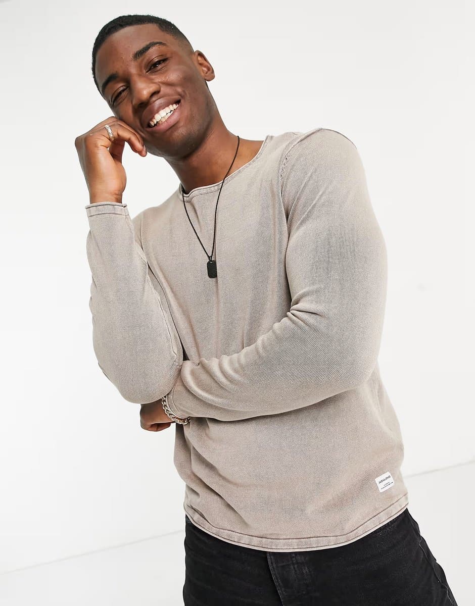 ASOS Jack & Jones Essentials washed jumper with rolled hem in beige