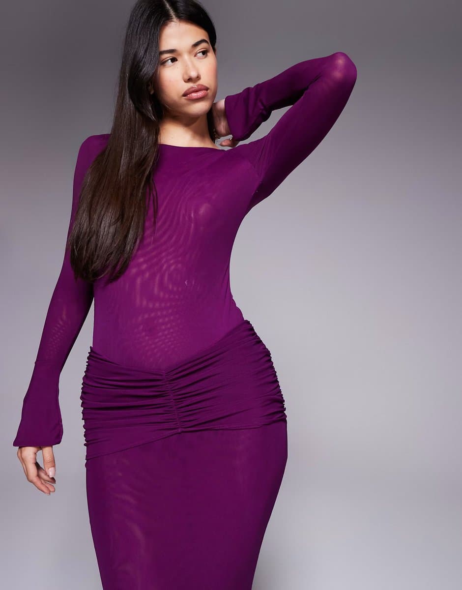 ASOS Ruched & Ready mesh slash neck flare sleeve bodysuit co-ord in plum
