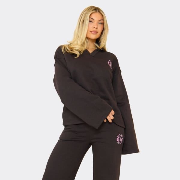 EGO V Neck Striped Embroidered Graphic Sweatshirt In Chocolate Brown, Women's Size UK 6 - 1