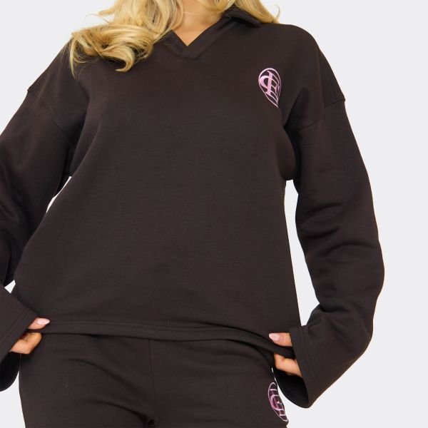 EGO V Neck Striped Embroidered Graphic Sweatshirt In Chocolate Brown, Women's Size UK 6 - 2