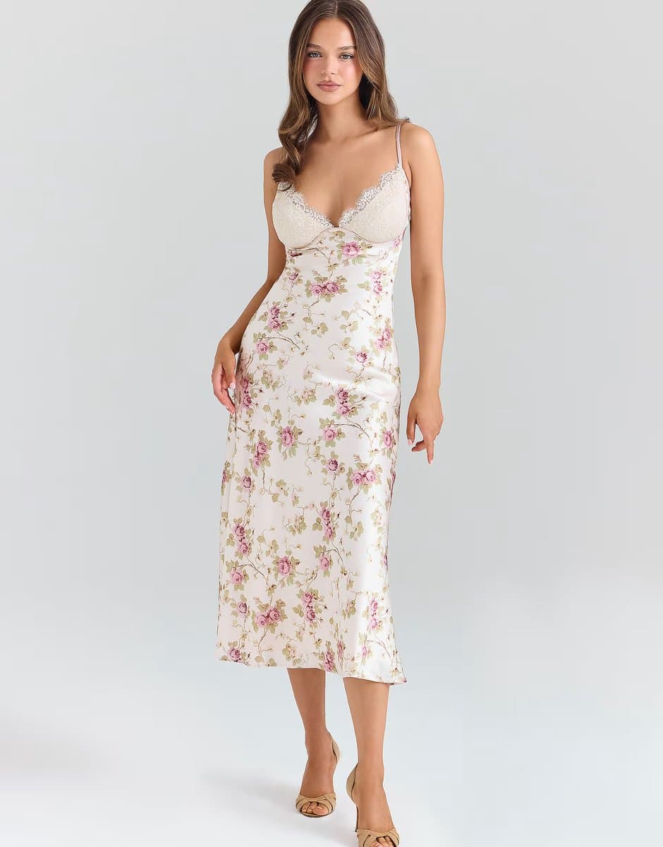 ASOS House of CB Felicity ivory floral print satin bias cut midi dress in ivory