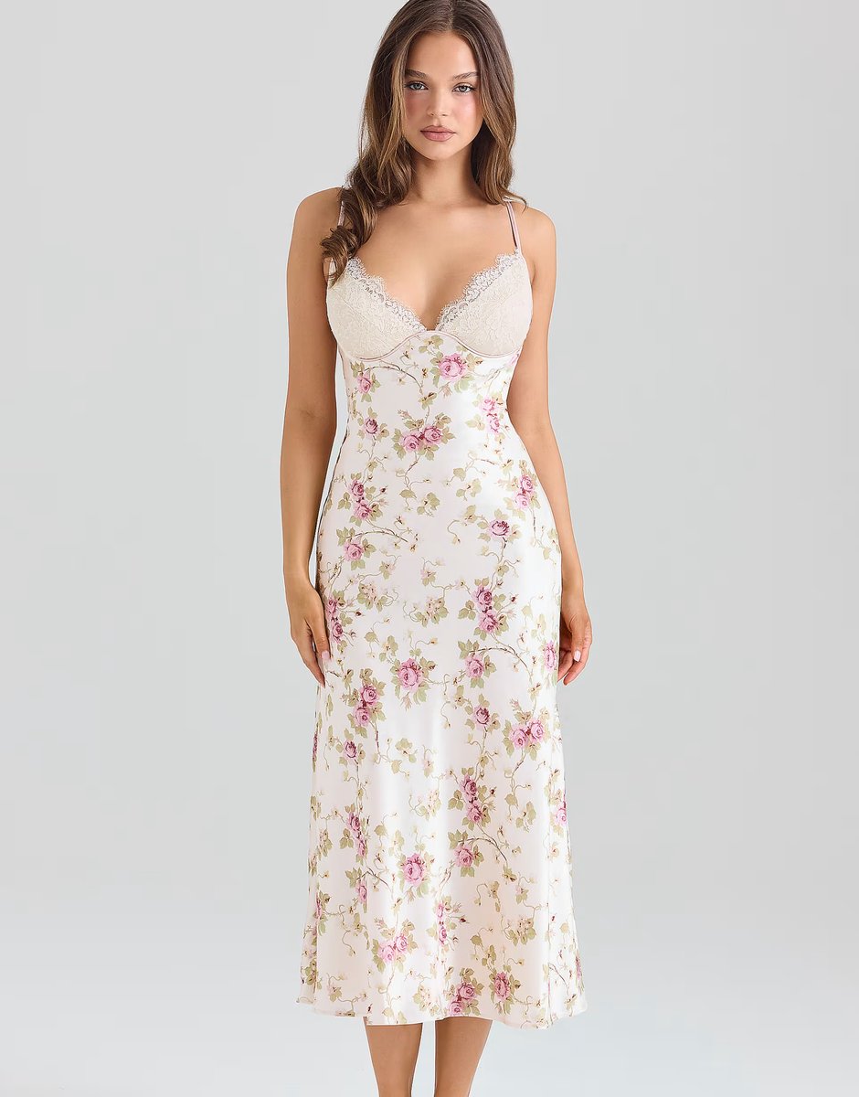 ASOS House of CB Felicity ivory floral print satin bias cut midi dress in ivory - 3