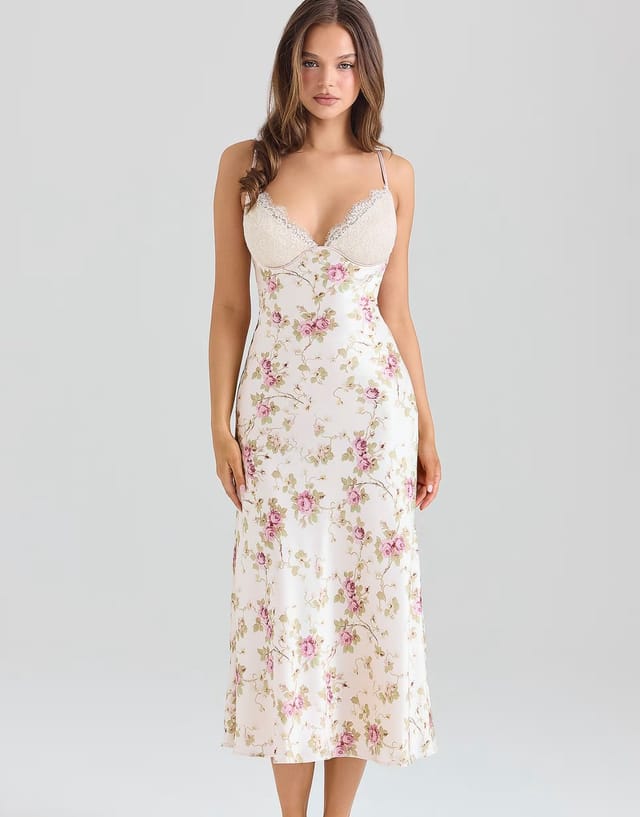 ASOS House of CB Felicity ivory floral print satin bias cut midi dress in ivory - 3