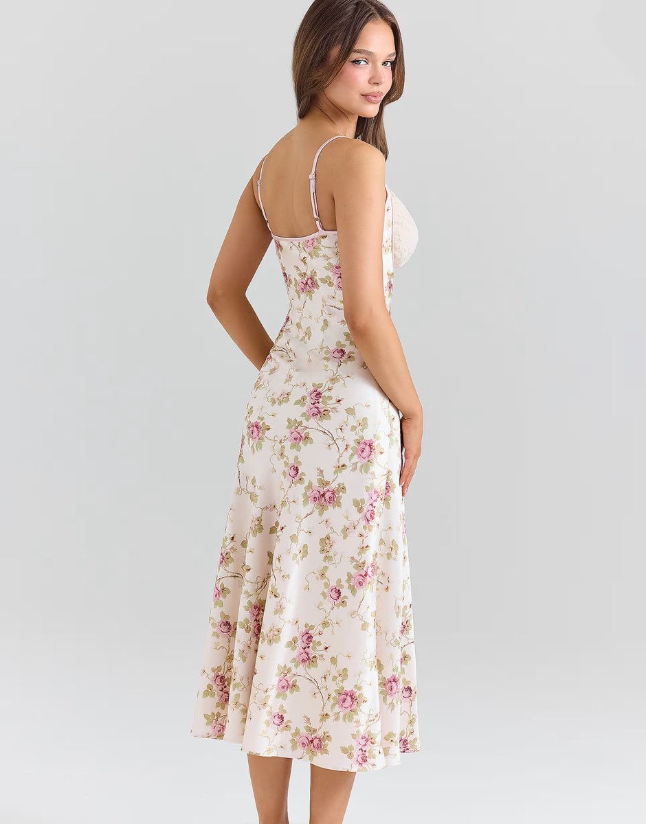 ASOS House of CB Felicity ivory floral print satin bias cut midi dress in ivory - 4