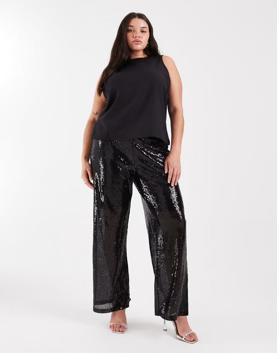 ASOS ONLY Curve high waist pull on sequins trousers in black