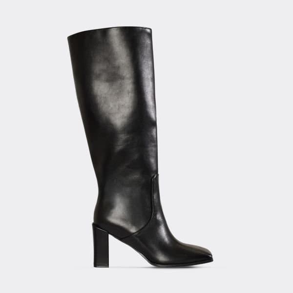 EGO Bernice Square Toe Block Heel Knee High Boot In Black Faux Leather, Women's Size UK 3