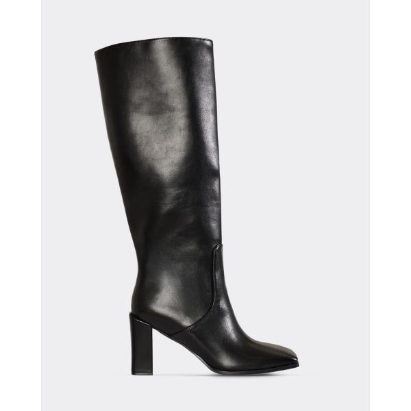 EGO Bernice Square Toe Block Heel Knee High Boot In Black Faux Leather, Women's Size UK 3 - 2
