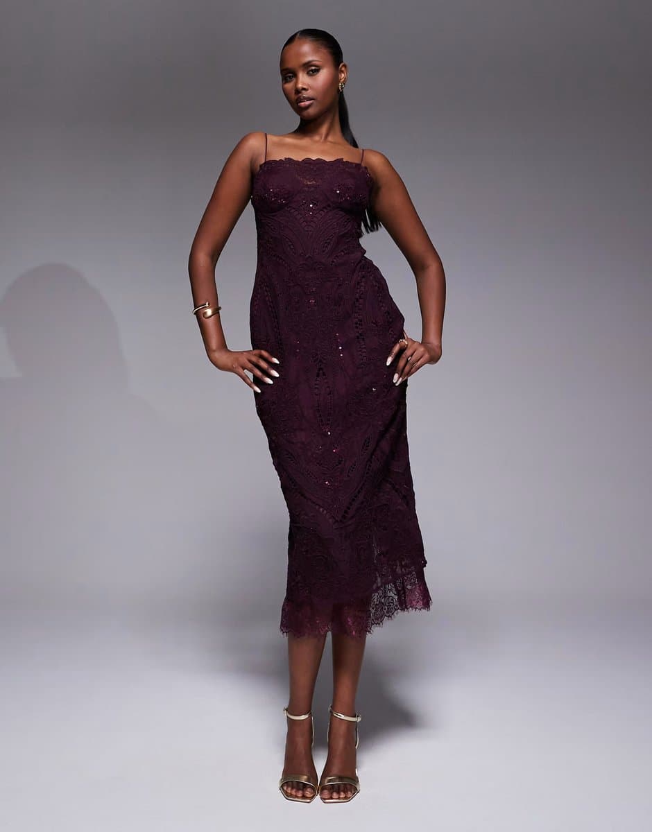 ASOS ASOS DESIGN scallop embroidered lace midi dress with sequins in mulberry