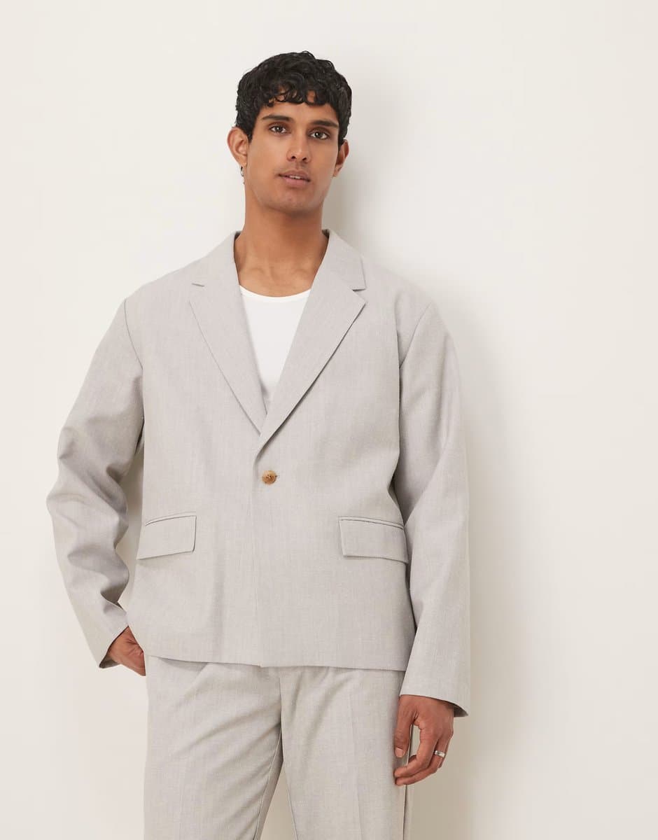 ASOS ASOS DESIGN Boxy Suit Jacket with Linen in Grey Texture