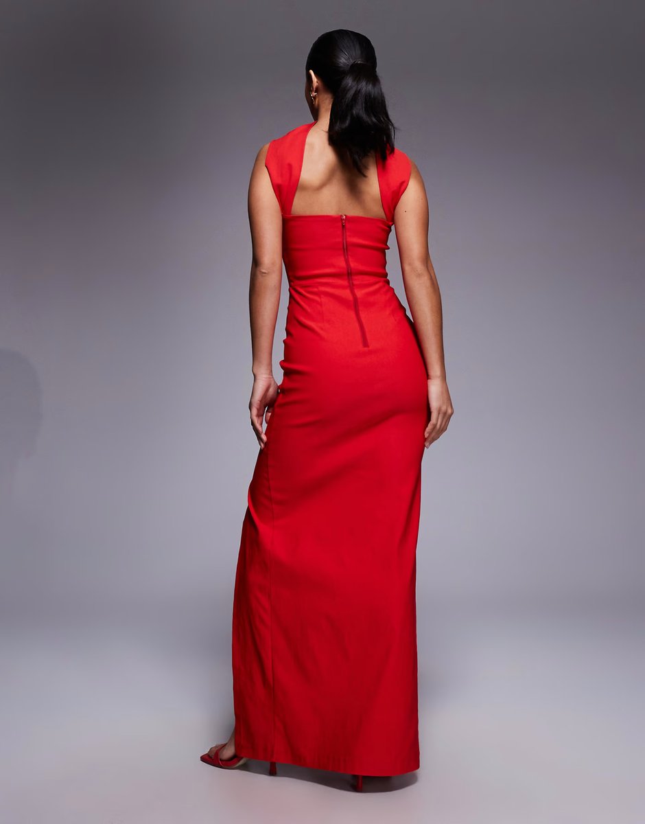 ASOS Vesper Petite bengaline choker neck detail bandeau side split maxi dress in red - 2