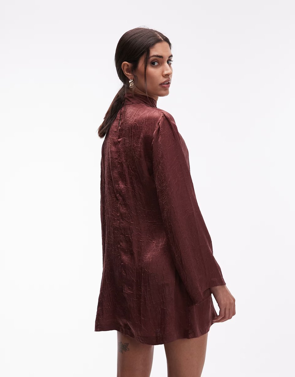 ASOS ASOS DESIGN high neck v crinkle satin mini dress in brown - 3