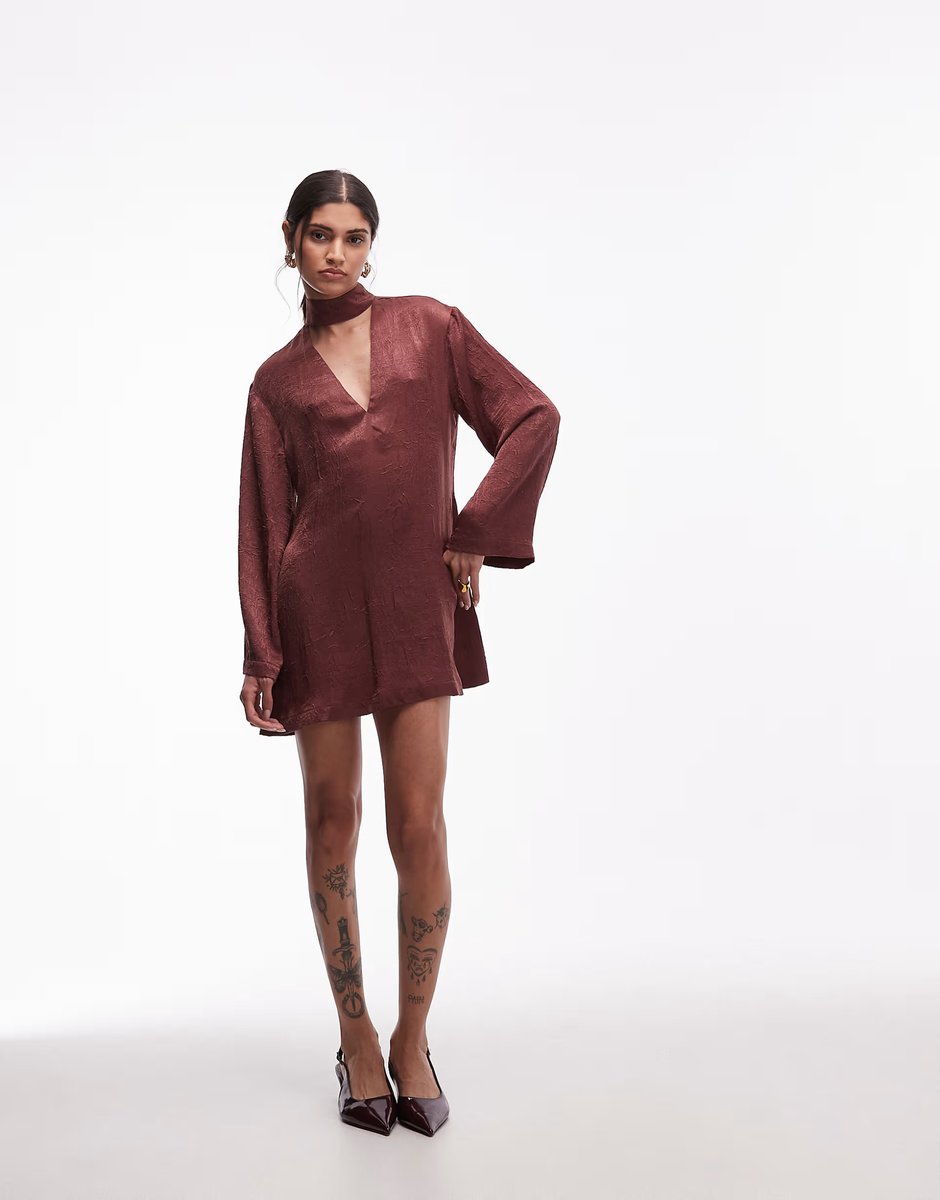 ASOS ASOS DESIGN high neck v crinkle satin mini dress in brown - 4