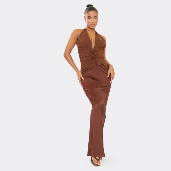 EGO Plunge Ruched Contrast Hem Maxi Dress In Chocolate Brown Satin, Women's Size UK 6 - 1