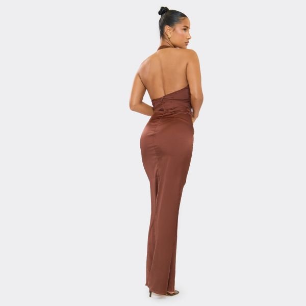 EGO Plunge Ruched Contrast Hem Maxi Dress In Chocolate Brown Satin, Women's Size UK 6 - 2