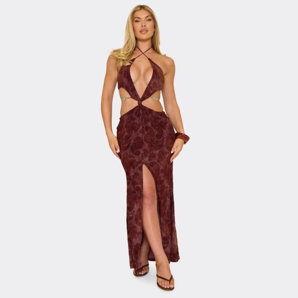 EGO Cross Strap Halterneck Beaded Trim Cut Out Maxi Dress In Chocolate Devore, Women's Size UK 6 - 2