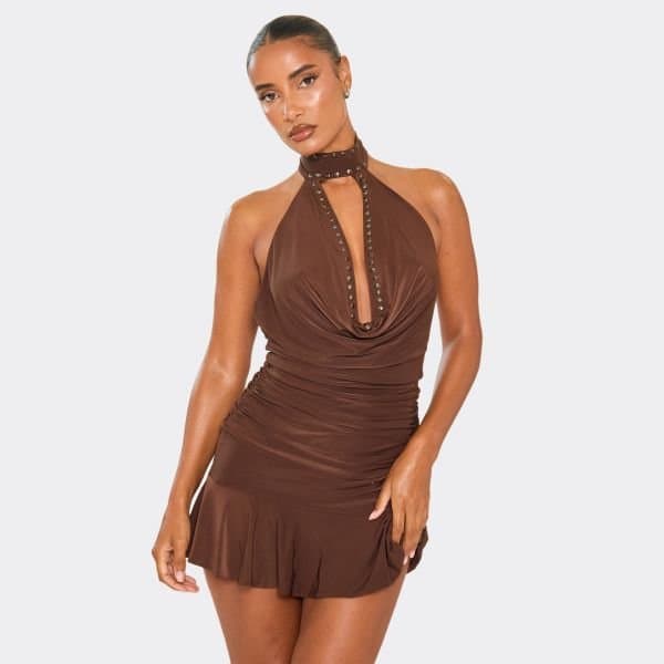 EGO Cowl Neck Choker Stud Detail Frill Hem Mini Dress In Chocolate Brown, Women's Size UK 6