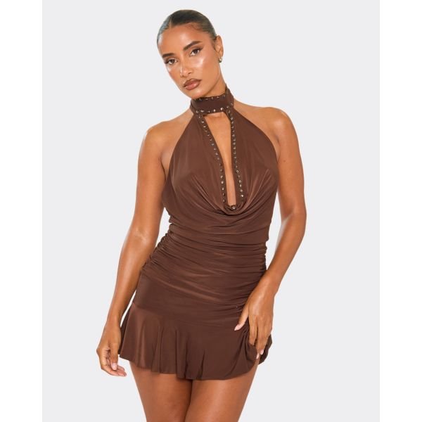 EGO Cowl Neck Choker Stud Detail Frill Hem Mini Dress In Chocolate Brown, Women's Size UK 6 - 2