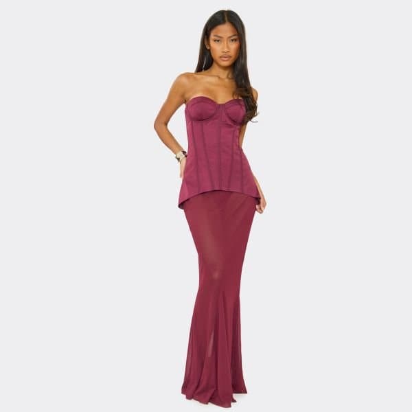 EGO Bandeau Underwired Corset Contrast Sheer Mesh Panel Maxi Dress In Plum, Women's Size UK 6