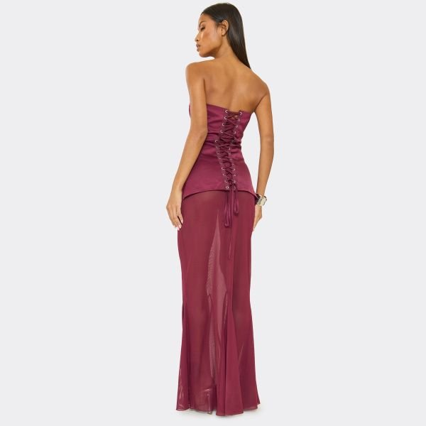 EGO Bandeau Underwired Corset Contrast Sheer Mesh Panel Maxi Dress In Plum, Women's Size UK 6 - 2