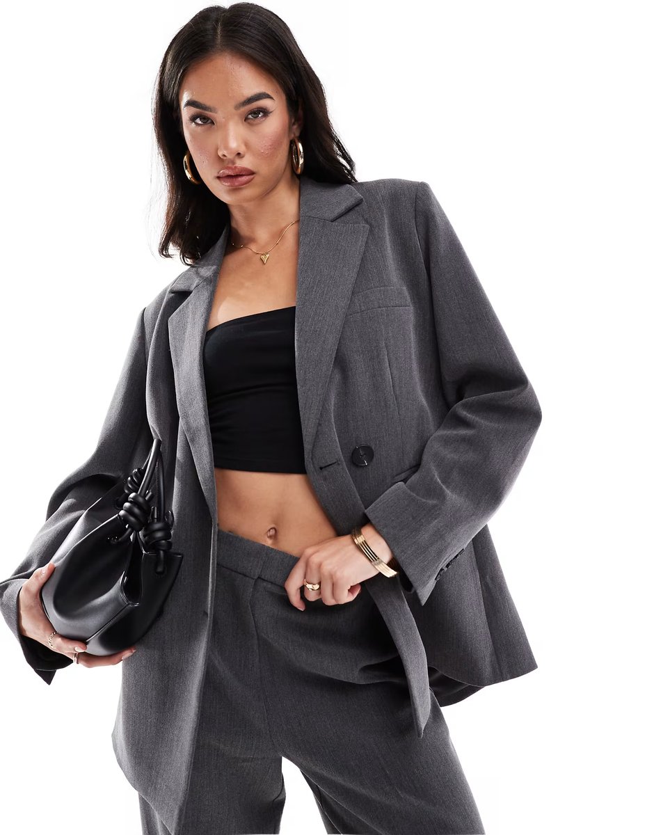 ASOS Y.A.S tailored double breasted blazer and wide leg trouser co-ord in grey - 3