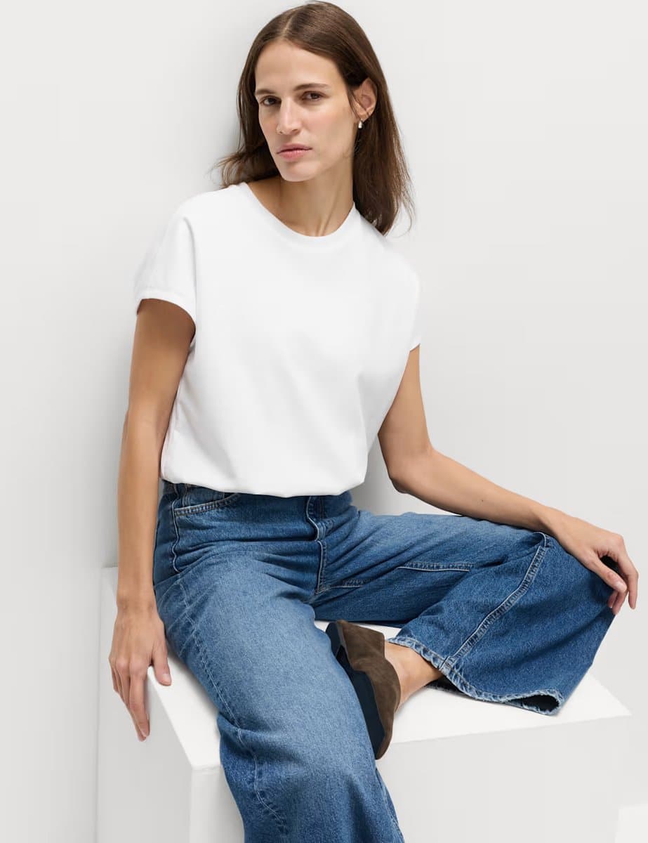 Marks & Spencer M&S Ivory Cotton Rich Bubble Hem T-Shirt