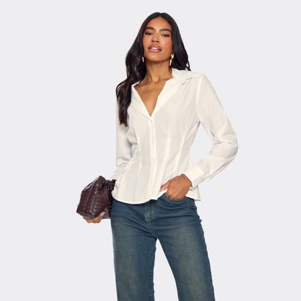 EGO Long Sleeve Cinched Waist Pleated Detail Shirt In White, Women's Size UK 6