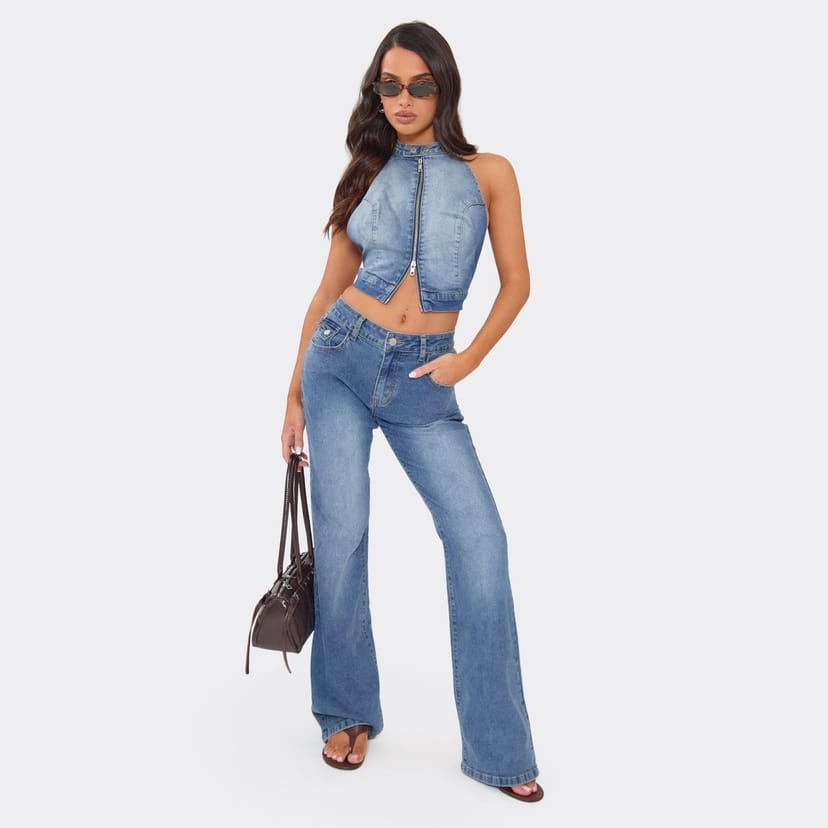 EGO Extreme Low Rise Flared Leg Jeans In Blue Wash Denim, Women's Size UK 6 - 1